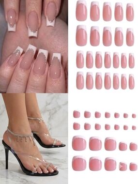 2/$25 Coffin French Tip Press On Nails Matching Finger And Toe Nail Designs